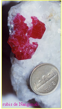 Un rubis dans sa gangue de marbre. L'étude pétrographique permet de préciser les conditions de formation du rubis.